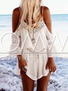 Romwe White Off The Shoulder With Lace Playsuit