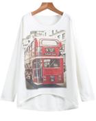 Romwe White Long Sleeve Bus Print Sweatshirt