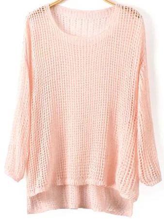 Romwe Dip Hem Hollow Pink Sweater