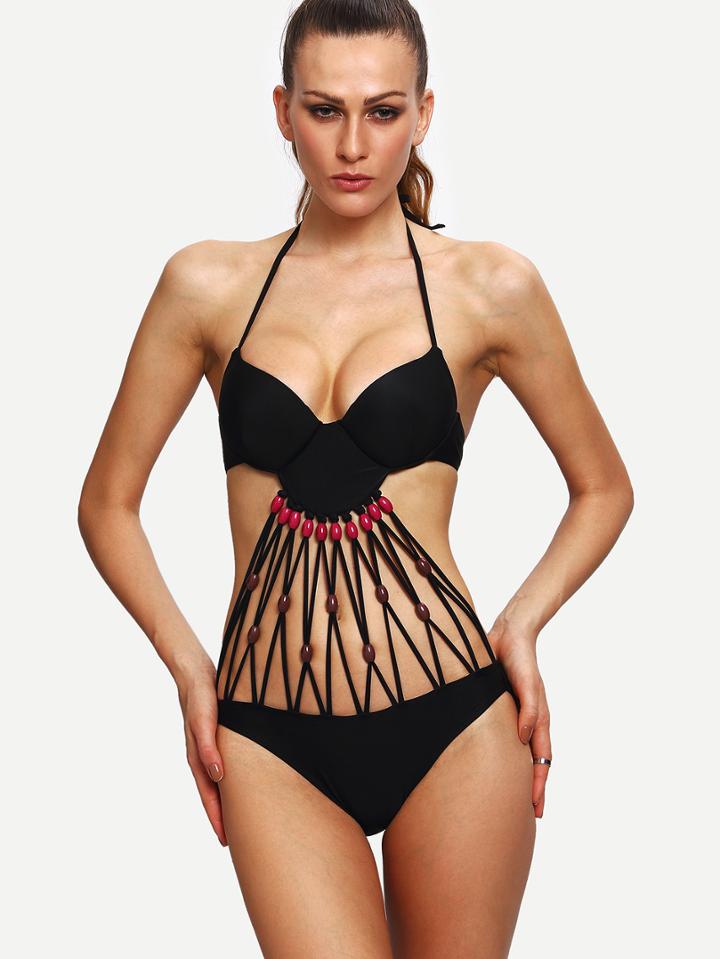 Romwe Beaded Macrame One-piece Swimwear