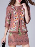 Romwe Multicolor Round Neck Half Sleeve Jacquard Two Pieces Dress