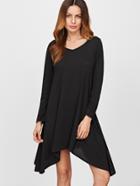 Romwe Black V Neck Asymmetric Hem Swing Dress