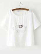 Romwe Elephant Embroidered White Top