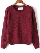 Romwe Zigzag Pattern Knit Wine Red Sweater