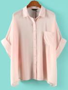 Romwe Pink Rolled Cuff Blouse With Pocket