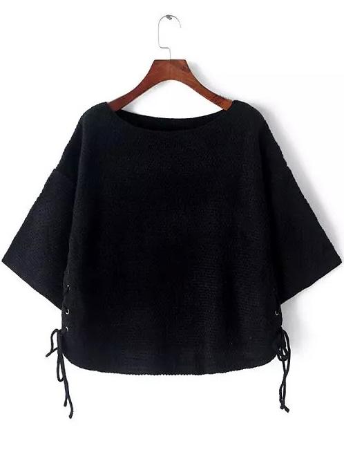 Romwe Half Sleeve Lace Up Black Sweater