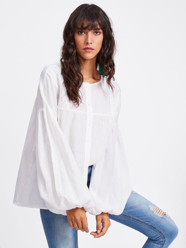 Romwe Lace Detail Exaggerate Lantern Sleeve Blouse