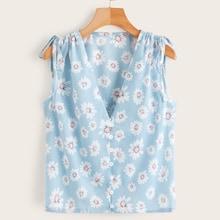 Romwe Daisy Floral Drawstring V-neck Blouse