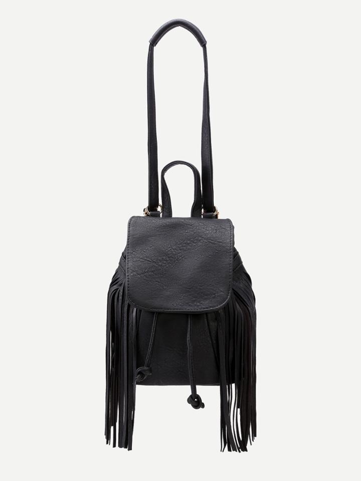 Romwe Black Faux Leather Tassel Fringe Drawstring Flap Bucket Bag