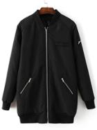 Romwe Black Raglan Sleeve Zipper Pocket Long Baseball Jacket