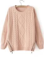 Romwe Cable Knit Zip Embellished Pink Sweater