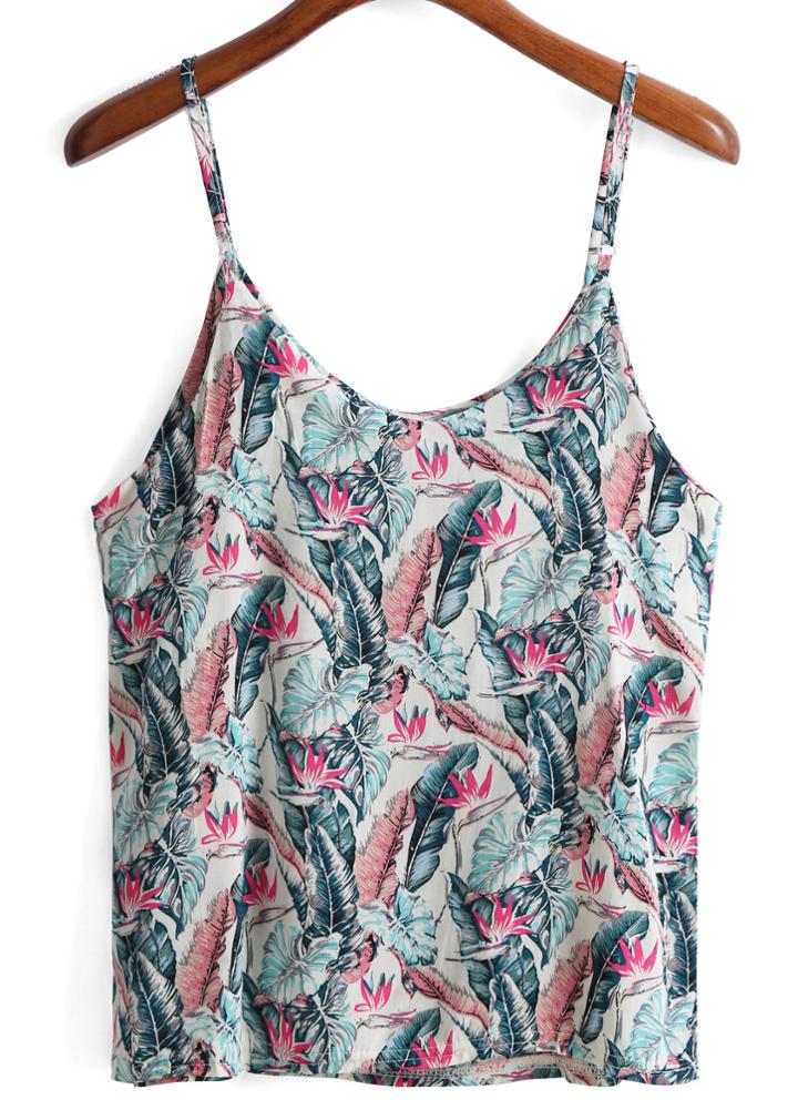 Romwe Spaghetti Strap Leaves Print Cami Top