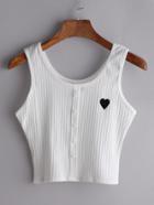Romwe White Button Front Heart Embroidered Tank Top