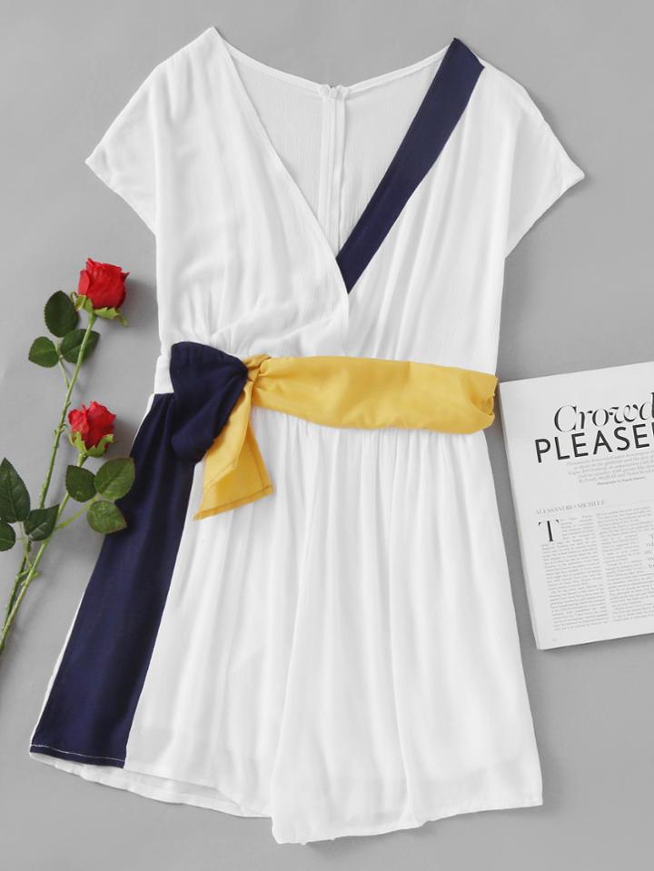 Romwe Surplice Self Tie Waist Pleated Romper