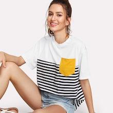 Romwe Pocket Patched Striped Tee