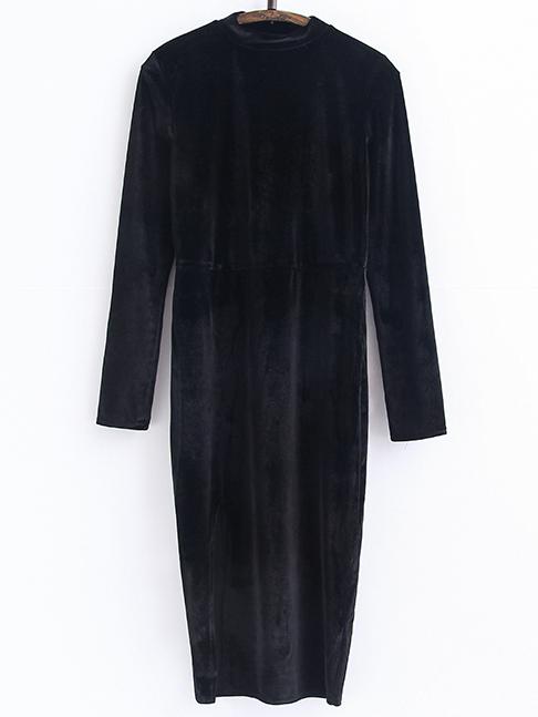 Romwe Black Mock Neck Slit Velvet Dress