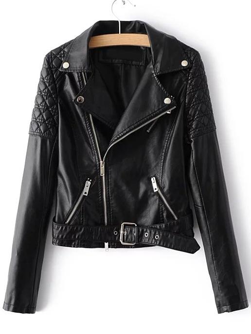 Romwe Black Quilted Shoulder Pu Zipper Jacket With Belt