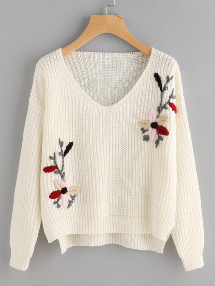 Romwe Flower Embroidered Dip Hem Jumper
