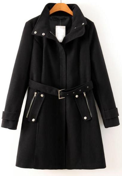 Romwe Black Belted Coat With High Neck