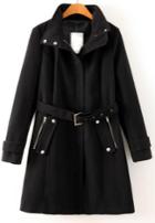 Romwe Black Belted Coat With High Neck