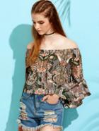 Romwe Multicolor Ornate Print Bell Sleeve Off The Shoulder Top