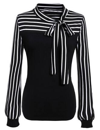 Romwe Black White Tie-neck Striped Blouse