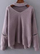 Romwe Purple Choker V Neck Zipper Detail Sweater