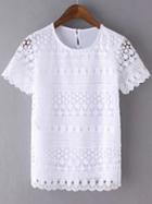 Romwe White Short Sleeve Crochet Lace Splicing Blouse