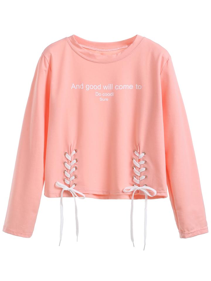 Romwe Pink Letter Print Lace Up Front T-shirt