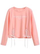Romwe Pink Letter Print Lace Up Front T-shirt