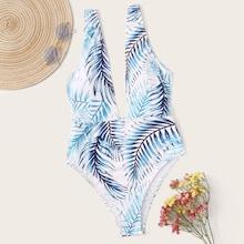 Romwe Random Leaf Print Plunge One Piece Swimsuit