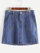 Romwe Dark Blue Striped Pockets A-line Denim Skirt