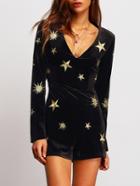 Romwe V Neck Embroidered Velvet Romper