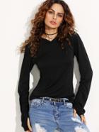 Romwe Black Hooded T-shirt With Thumb Holes