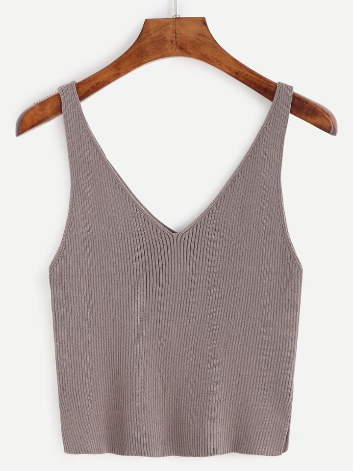 Romwe Deep V Neck Ribbed Knit Tank Top
