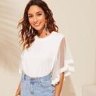 Romwe Pearls Beaded Mesh Flutter Sleeve Tee