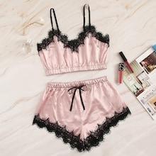 Romwe Eyelash Lace Satin Cami Top With Shorts