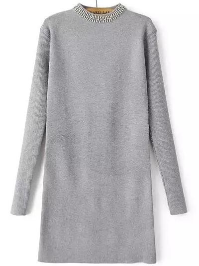 Romwe Long Sleeve Beaded Sheath Grey Sweater Dress