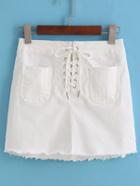 Romwe Bandage Pockets Fringe White Skirt