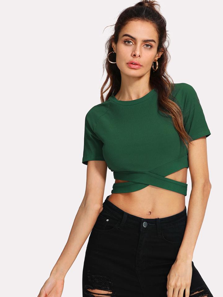 Romwe Raglan Sleeve Crisscross Hem Crop Tee