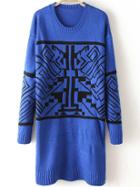 Romwe Long Sleeve Geometric Pattern Blue Sweater Dress