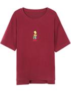 Romwe Dip Hem Simpson Embroidered Wine Red T-shirt