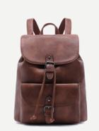 Romwe Brown Pu Buckle Strap Drawstring Flap Backpack