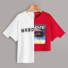Romwe Letter Print Spliced Asymmetric Hem Tee