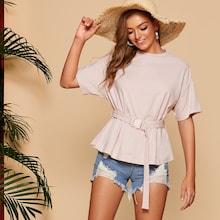 Romwe Drop Shoulder Push Buckle Belted Tee