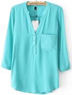 Romwe Green V Neck Pocket Shirt