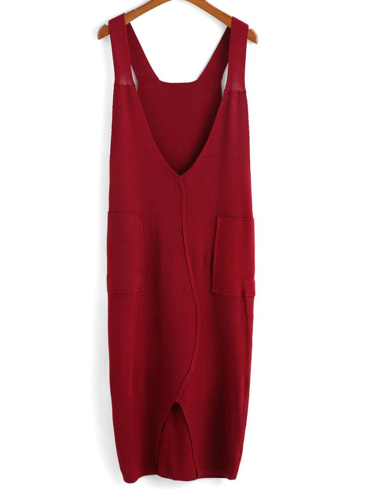 Romwe Deep V Neck With Pocket Split Dress
