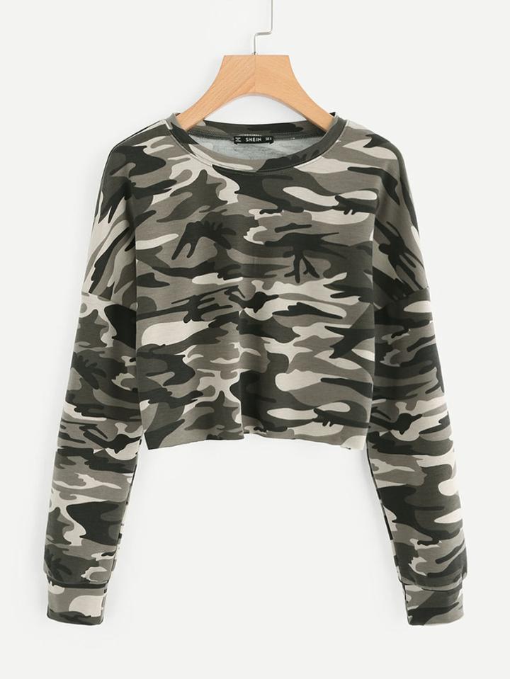 Romwe Raw Cut Hem Crop Camo Pullover