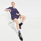 Romwe Notched Neck Drawstring Waist Chain & Plaid Romper