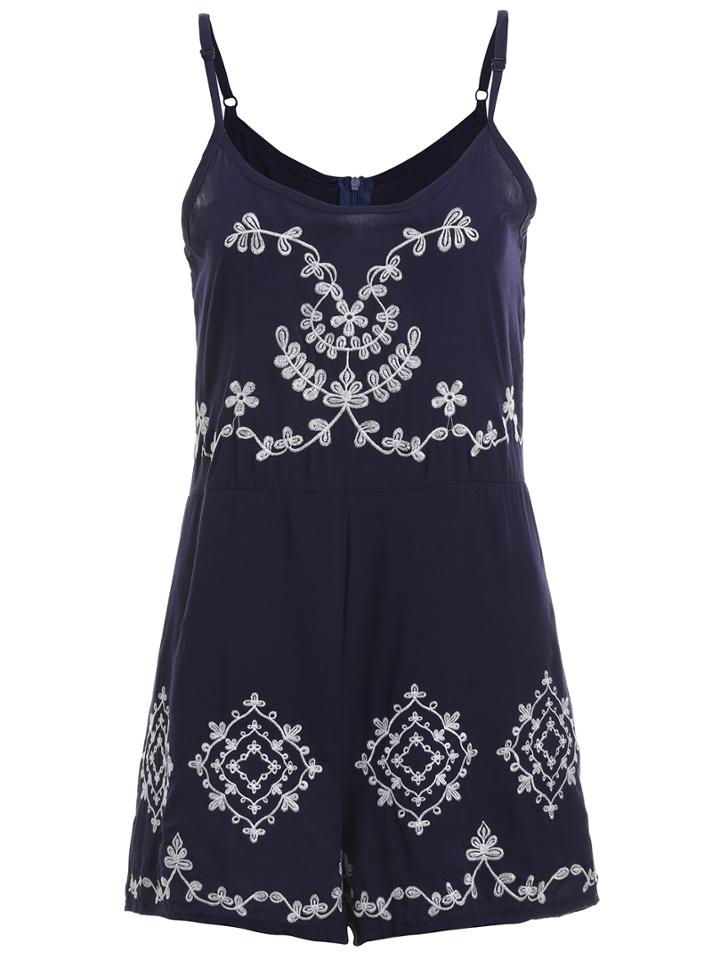 Romwe Navy Spaghetti Strap Embroidered Jumpsuit